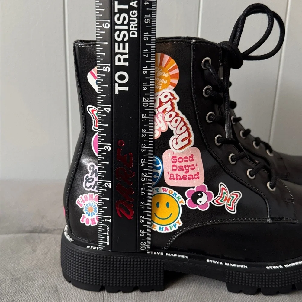 Steve Madden Black Boot Colorful Sticker Images Lug Sole Faux Leather Size 4